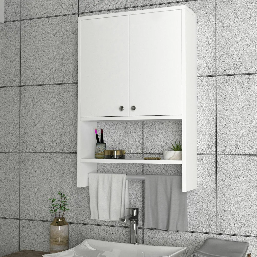 Meubles De Salle De Bains·Rangement Salle De Bains|MARFA Armoire de toilette blanche 2 portes, porte-serviettes