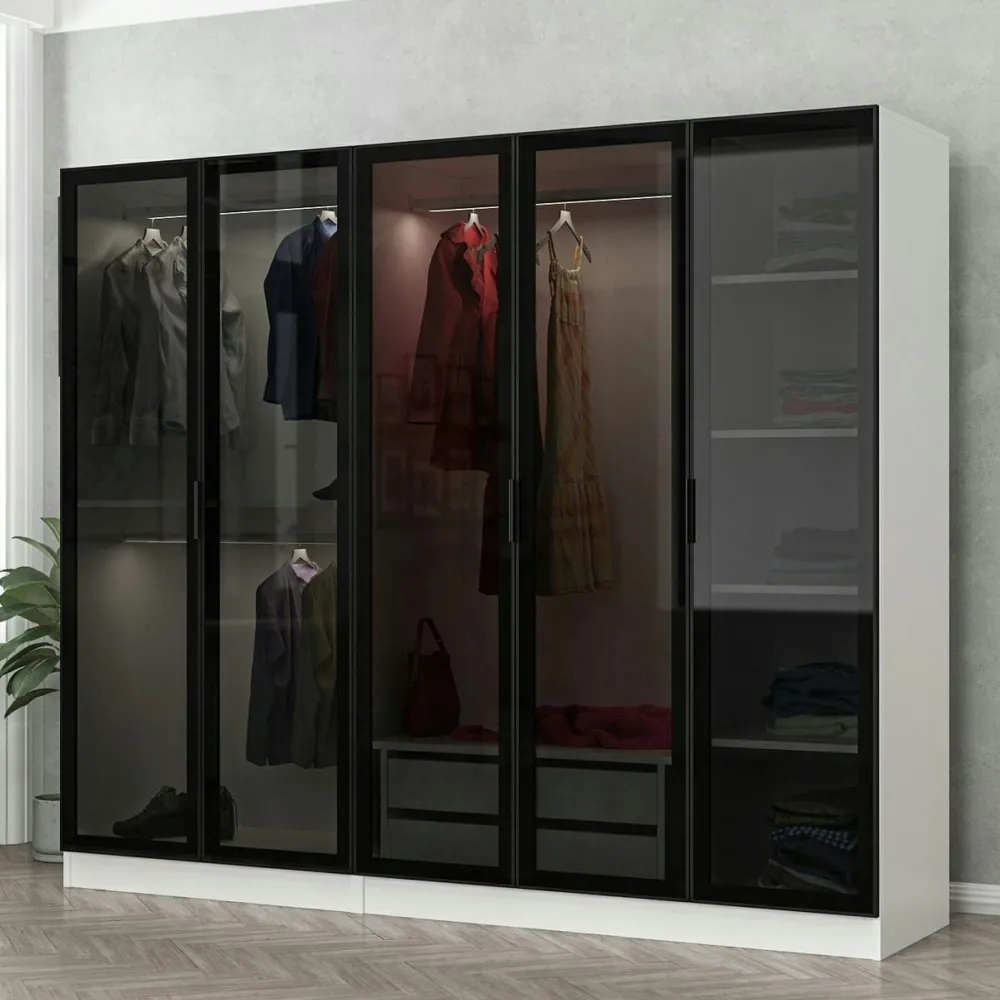 Armoires En Bois|Meubles De Chambre·Dressings|BYRON Armoire dressing design blanc 5 portes verre H 210 cm