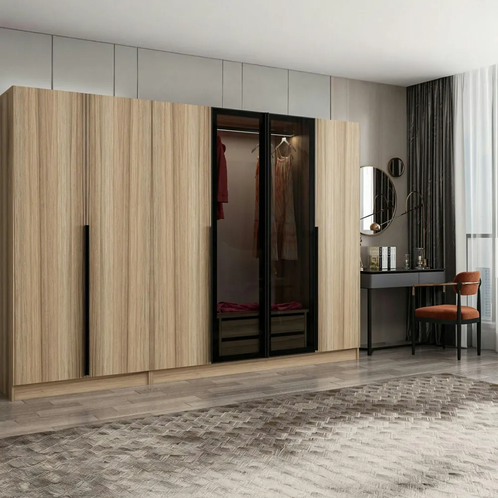 Armoires En Bois|Meubles De Chambre·Dressings|BYRON Armoire dressing design effet bois 2 portes verre L 270 cm