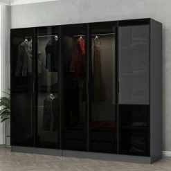 Armoires En Bois|Meubles De Chambre·Dressings|BYRON Armoire dressing design gris 5 portes verre H 190 cm