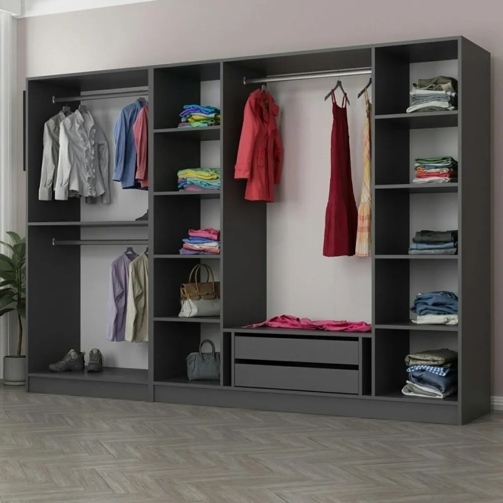 Armoires En Bois|Meubles De Chambre·Dressings|BYRON Armoire dressing ouvert anthracite, 3 portants