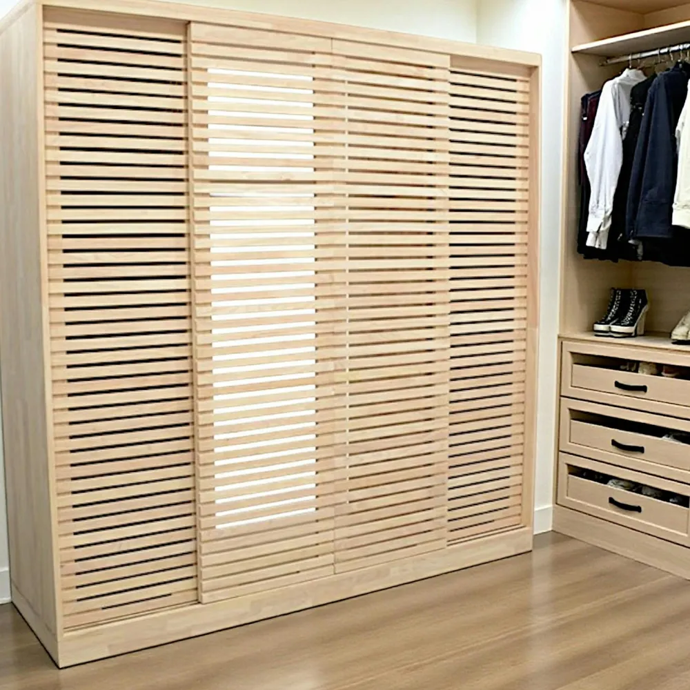 Armoires Vintage|Armoires En Bois|New Orléans Armoire Hévéa 4 portes coulissantes Persiennes 200x60x200cm NEW ORLEANS