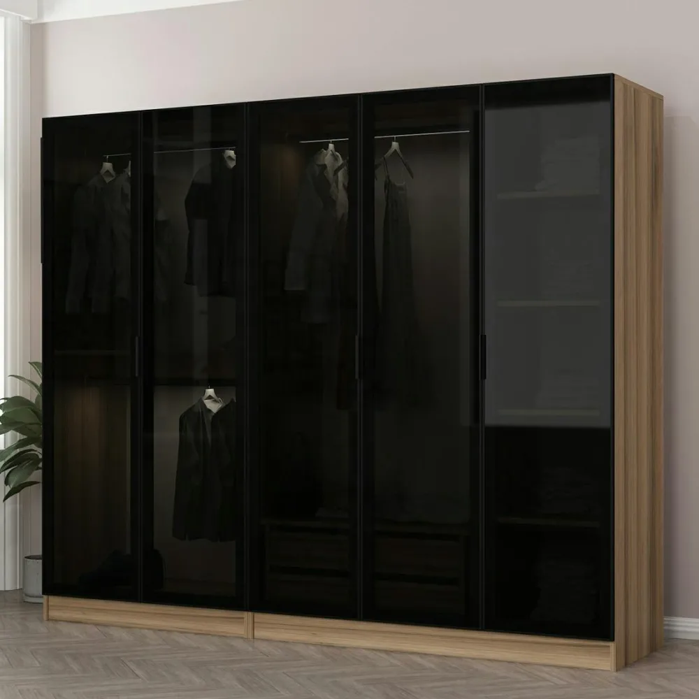 Armoires En Bois|Meubles De Chambre·Dressings|BYRON Armoire penderie 5 portes verre et cadre effet noyer