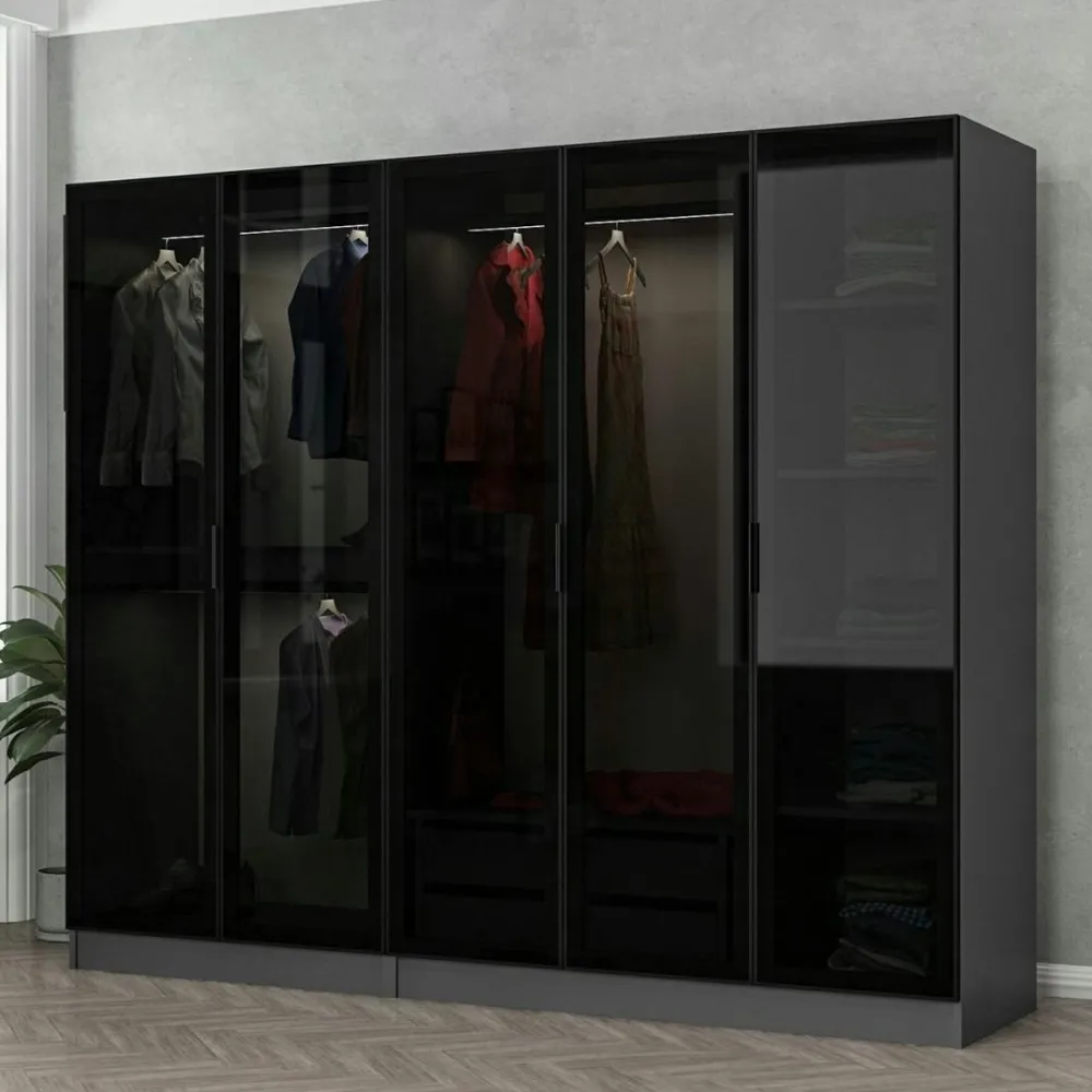 Armoires En Bois|Meubles De Chambre·Dressings|BYRON Armoire penderie 5 portes verre et cadre anthracite