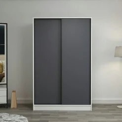 Armoires En Bois|Meubles De Chambre·Dressings|BYRON Armoire penderie blanche - portes coulissantes grises