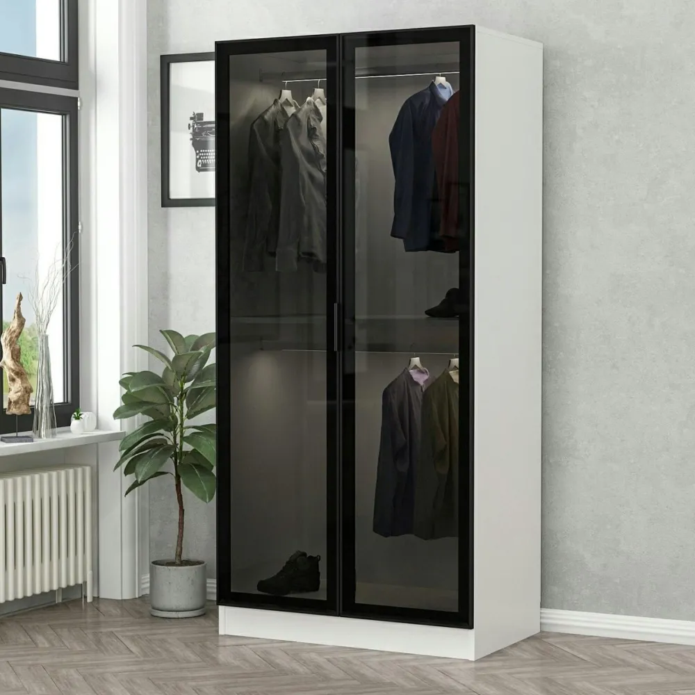 Armoires En Bois|Meubles De Chambre·Dressings|BYRON Armoire penderie blanche - 2 portes vitrées H. 210 cm