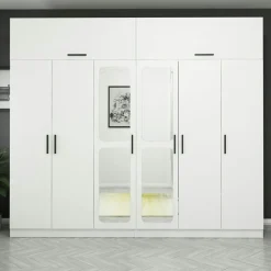 Armoires En Bois|Meubles De Chambre·Dressings|BYRON Armoire penderie blanche, 8 portes 4 miroirs