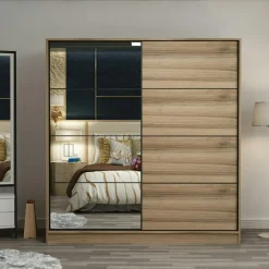 Armoires En Bois|Meubles De Chambre·Dressings|BYRON Armoire penderie coulissante effet bois et miroir