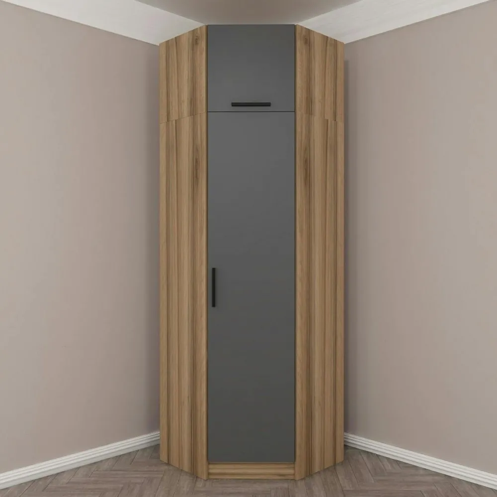 Armoires En Bois|Meubles De Chambre·Dressings|BYRON Armoire penderie d'angle 2 portes effet bois & gris