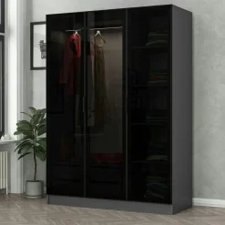 Armoires En Bois|Meubles De Chambre·Dressings|BYRON Armoire penderie design effet bois, 3 portes vitrées