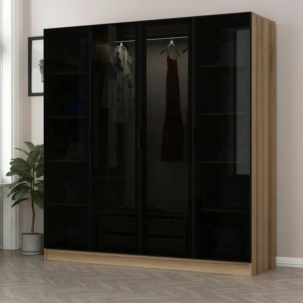 Armoires En Bois|Meubles De Chambre·Dressings|BYRON Armoire penderie design effet bois 4 portes verre H 210 cm