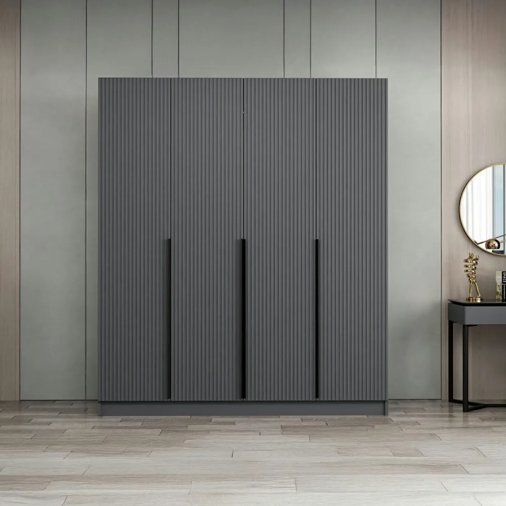 Armoires En Bois|Meubles De Chambre·Dressings|BYRON Armoire penderie design gris rainuré H 210 cm