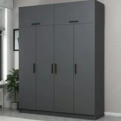 Armoires En Bois|Meubles De Chambre·Dressings|BYRON Armoire penderie grise 6 portes, 1 portant 2 tiroirs