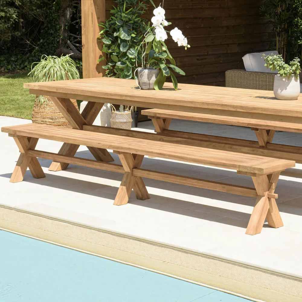Bancs De Jardin|MANY Banc de jardin pieds en croix teck recyclé naturel 270 cm