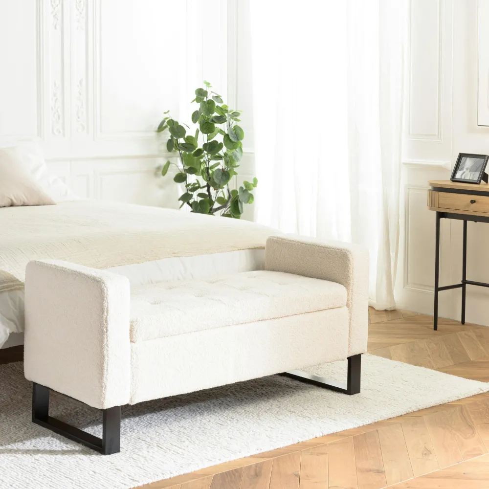 Banquettes Et Loveuses|COLOMBUS Banc de lit design tissu bouclette écru