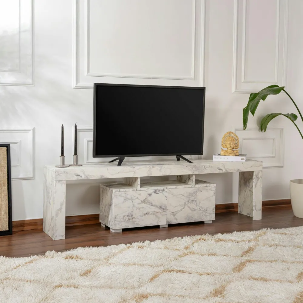 Meubles Tv En Bois|MARFA Banc TV moderne avec rangement - effet marbre