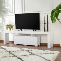 Meubles Tv En Bois|MARFA Banc TV moderne blanc avec rangement - effet laque