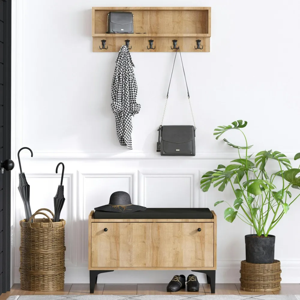 Meubles D'Entrée·Portemanteaux|Meubles D'Entrée·Vestiaires|JENA Banquette entrée noire - casier chaussures & portemanteau