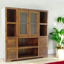 Bibliothèques En Bois|Bibliothèques En Bois|Olga Bibliothèque / Vaisselier Hévéa 2 portes vitrées et bois, 2 tiroirs, 6 niches 130x40x140cm