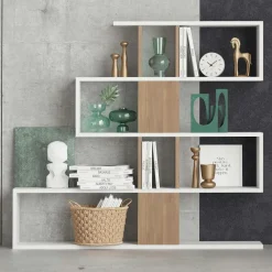 Bibliothèques En Bois|Bibliothèques En Bois|MARFA Bibliothèque blanche et effet noyer avec niches, 120 cm