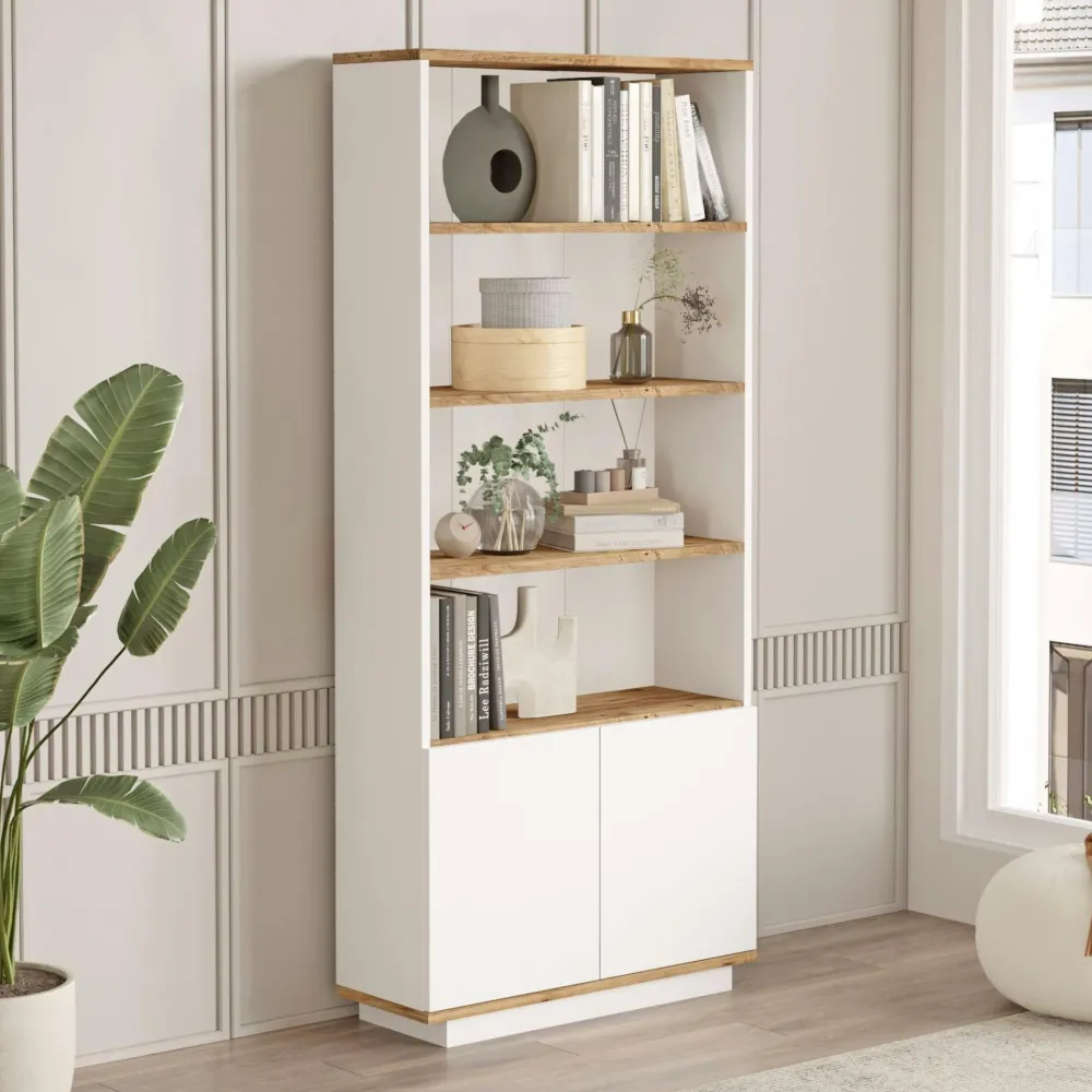 Bibliothèques En Bois|Bibliothèques En Bois|MARFA Bibliothèque blanche moderne avec rangement bas fermé