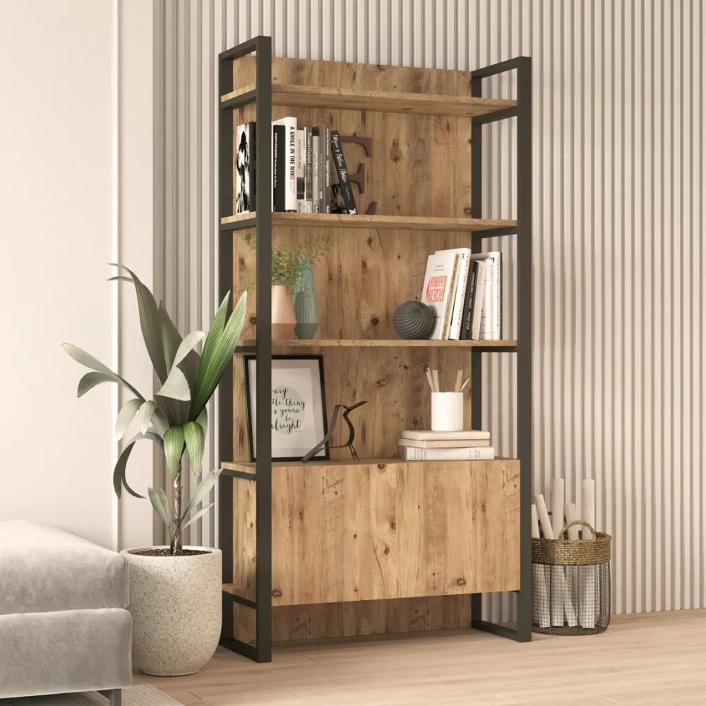 Bibliothèques En Métal|Bibliothèques En Métal|JENA Bibliothèque de salon effet bois, 1 niche fermée