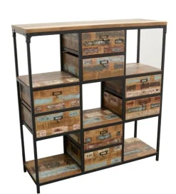 Etagères Industrielle|Loft / Loft Colors Bibliothèque Double Faces 8 tiroirs, 5 niches cubes en Hévéa recyclé coloré et métal 120x40x128cm LOFT COLORS