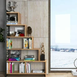 Bibliothèques En Métal|Bibliothèques En Métal|JENA Bibliothèque escalier effet pin, côté métal ajouré