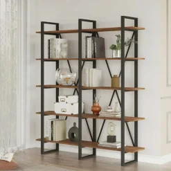 Bibliothèques En Métal|Bibliothèques En Métal|JENA Bibliothèque industrielle effet bois foncé, dos croisé