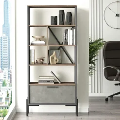 Bibliothèques En Bois|Bibliothèques En Bois|JENA Bibliothèque industrielle effet bois & métal 1 porte