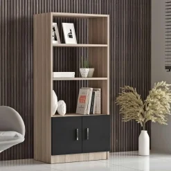 Bibliothèques En Bois|Bibliothèques En Bois|MARFA Bibliothèque moderne effet bois avec portes noires