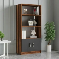 Bibliothèques En Bois|Bibliothèques En Bois|MARFA Bibliothèque moderne effet bois avec portes noires