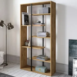 Bibliothèques En Métal|Bibliothèques En Métal|JENA Bibliothèque moderne effet noyer et baguettes noires