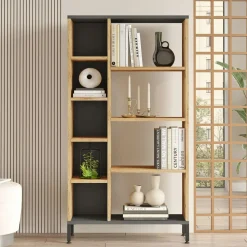 Bibliothèques En Métal|Bibliothèques En Métal|JENA Bibliothèque moderne gris foncé et effet pin MARFA