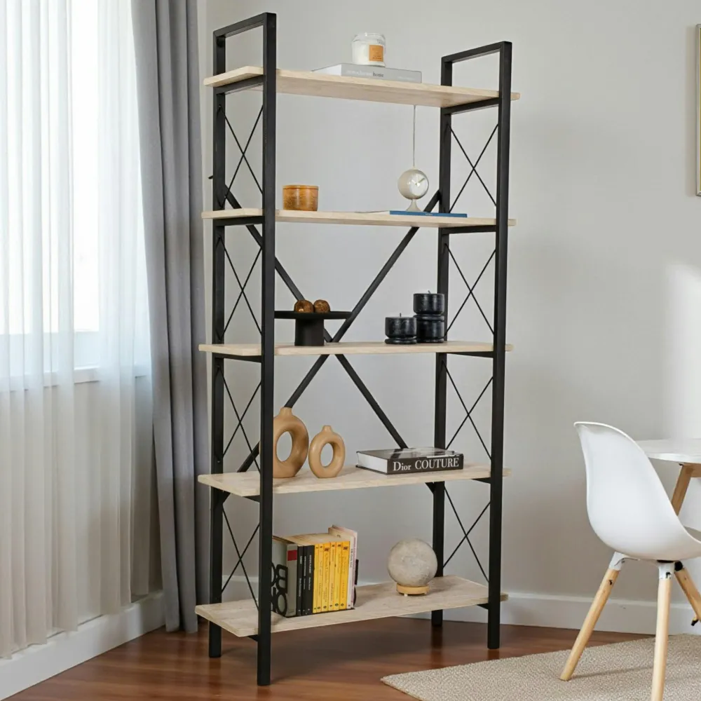 Bibliothèques En Métal|Bibliothèques En Métal|JENA Bibliothèque étagère noire, 5 plateaux effet pin