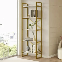 Bibliothèques En Métal|Bibliothèques En Métal|JENA Bibliothèque étroite effet marbre blanc montants dorés