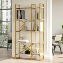 Bibliothèques En Métal|Bibliothèques En Métal|JENA Bibliothèque étroite effet marbre blanc montants dorés