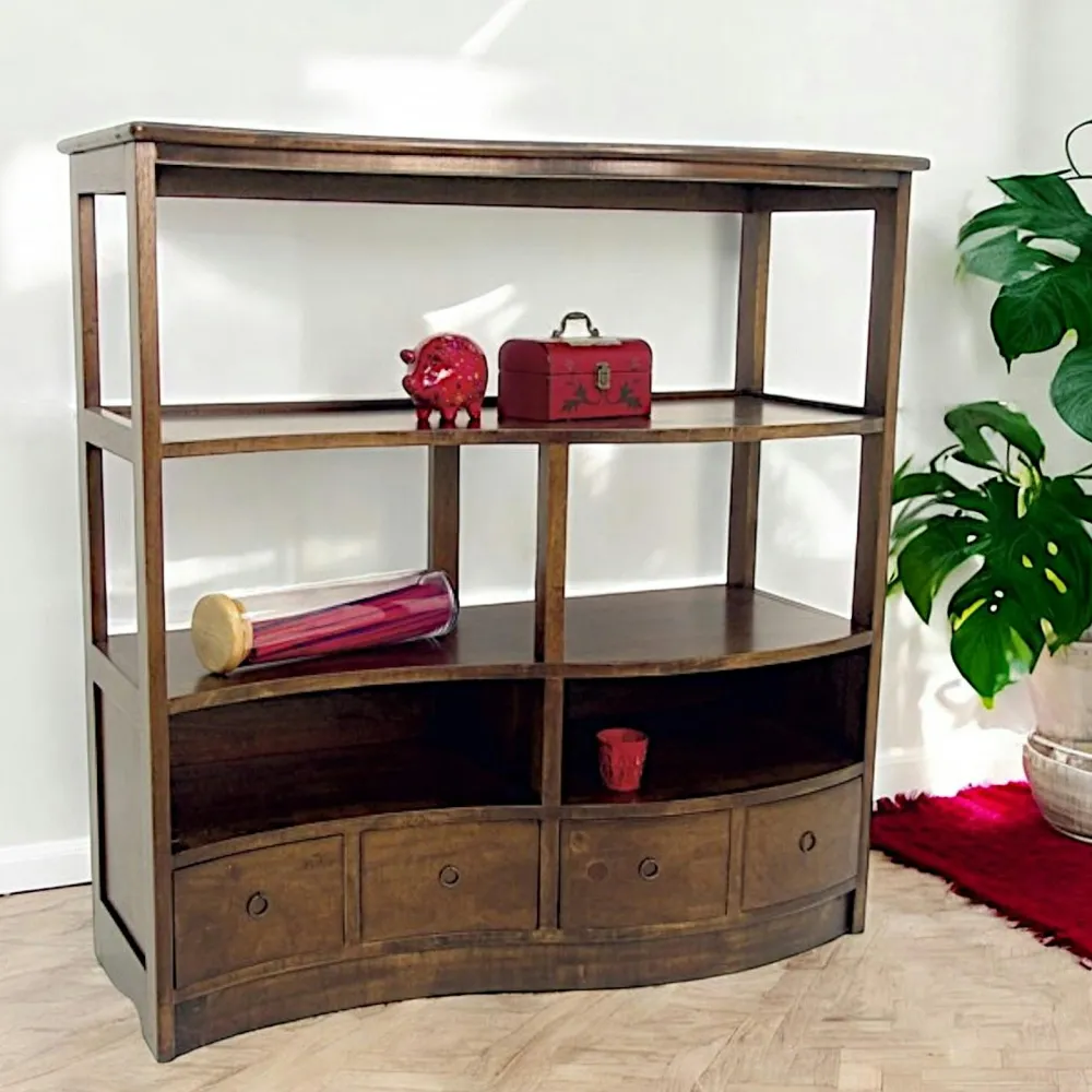 Bibliothèques En Bois|Bibliothèques En Bois|Tradition Bibliothèque Vague Hévéa 4 tiroirs, 2 niches, 2 étagères 120x50x124cm