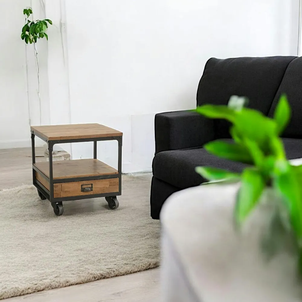 Tables De Chevet Industrielles|Loft / Loft Colors Bout de Canapé / Table de Chevet à roulettes 1 tiroir, double plateaux en Hévéa recyclé naturel et métal 50x50x55cm LOFT