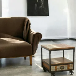 Tables De Chevet Industrielles|Loft / Loft Colors Bout de Canapé / Table de Chevet à roulettes 1 tiroir, double plateaux en Hévéa recyclé coloré et métal 50x50x55cm LOFT COLORS