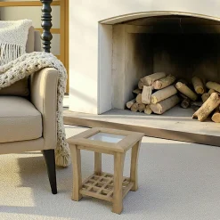 Bouts De Canapé En Bois|Maori Bout de canapé ajouré Hévéa double plateaux - 1 vitré, 1 à croisillons - 50x50x56cm