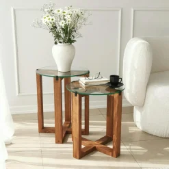 Sellettes En Métal|Tables D'Appoint Rondes|ANZIO Bout de canapé bois brun avec plateau verre (lot de 2)