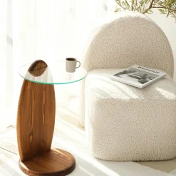 Bouts De Canapé En Bois|ANZIO Bout de canapé bois brun et verre fumé - forme ronde