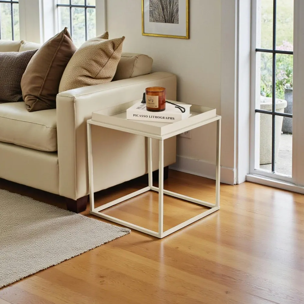 Bouts De Canapé En Métal|Tables Basses Carrées|SFAX Bout de canapé cube blanc cassé – plateau mobile