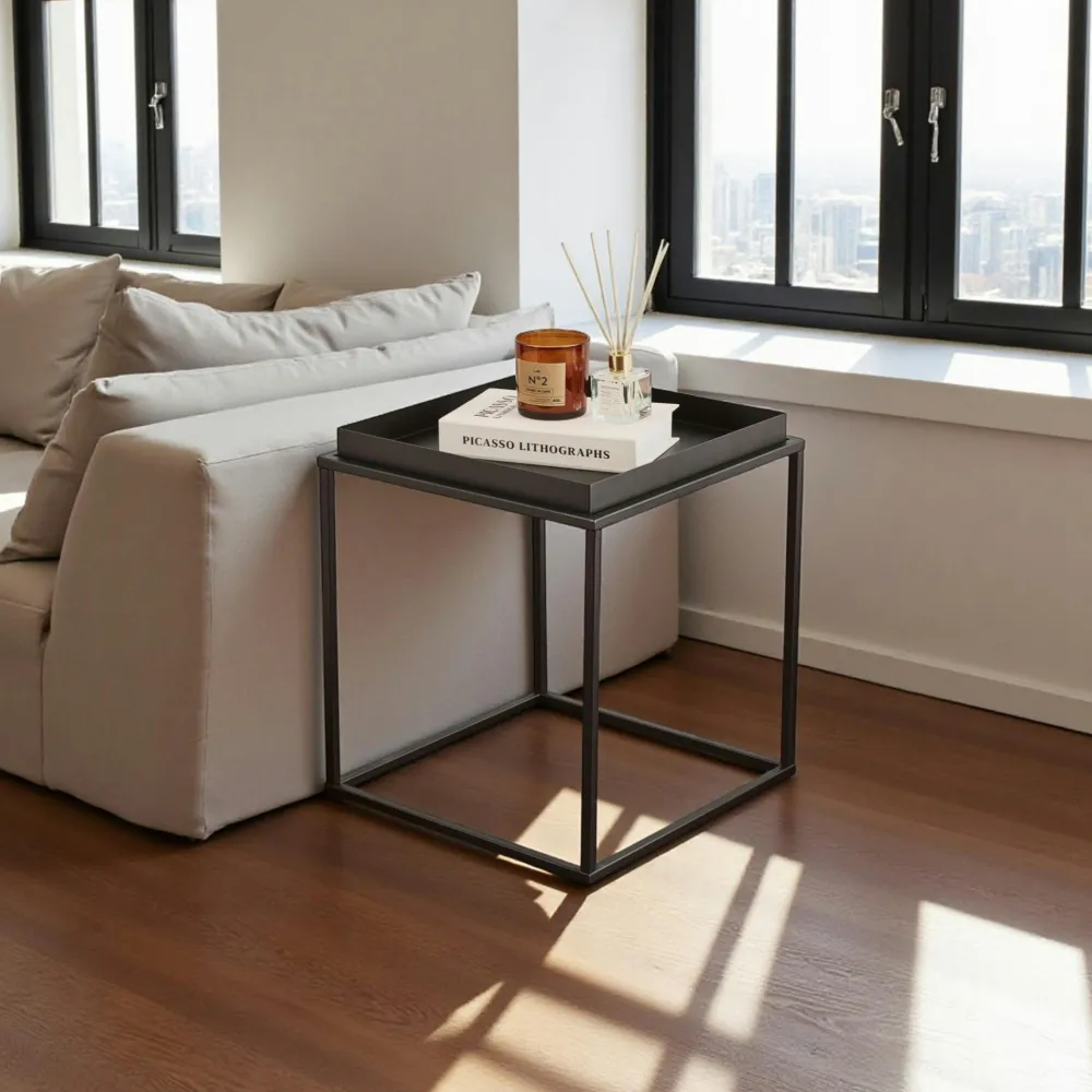 Bouts De Canapé En Métal|Tables Basses Carrées|SFAX Bout de canapé cube blanc cassé – plateau mobile