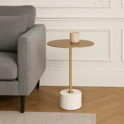 Bouts De Canapé En Métal|TALLINN Bout de canapé design en marbre avec plateau doré Ø41 cm