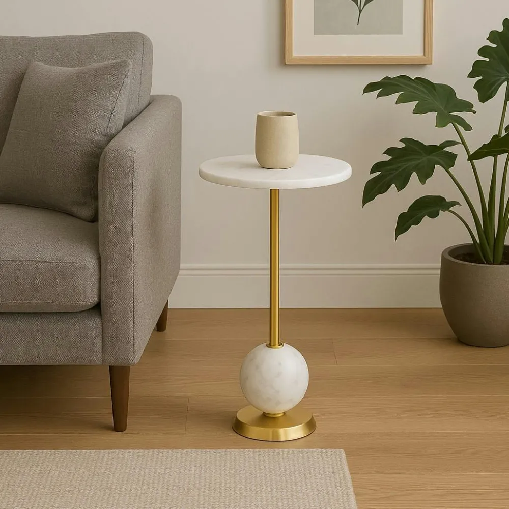 Bouts De Canapé En Métal|TALLINN Bout de canapé design en marbre avec plateau doré Ø41 cm