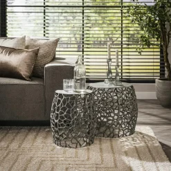 Sellettes En Métal|Tables D'Appoint Rondes| Bout de canapé nickel noir aluminium motifs ajourés (2 pièces)