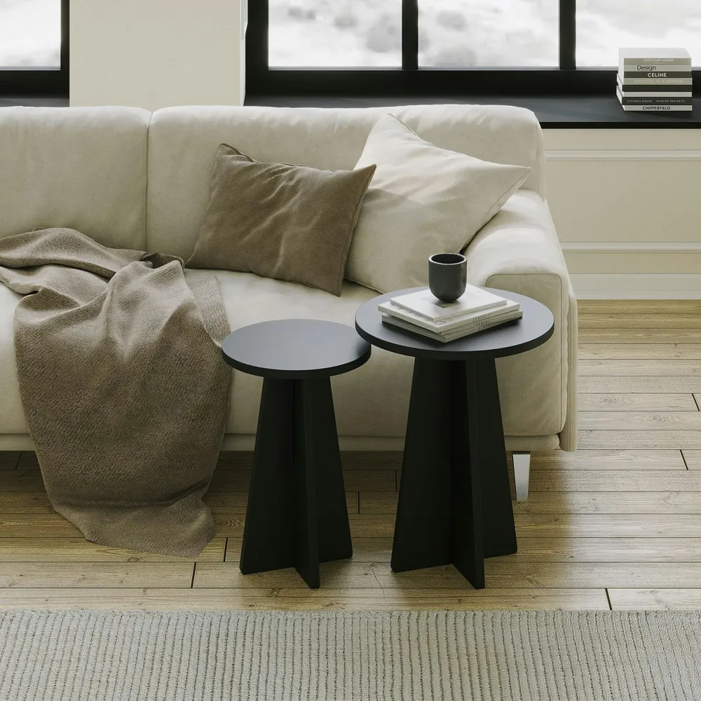 Tables Basses Gigognes|Tables Basses Rondes|MARFA Bout de canapé noir pieds trapèze - 2 pièces