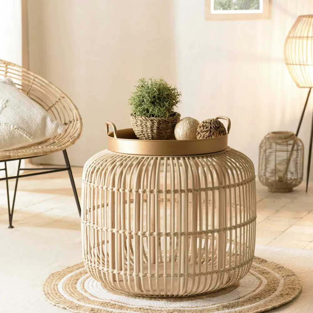 Bouts De Canapé En Bois|Swing Bout de canapé rond en rotin noir plateau bois 41 cm